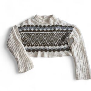 Free People wool blend Cream and Brown Isles Pattern Cropped High Neck Sweater